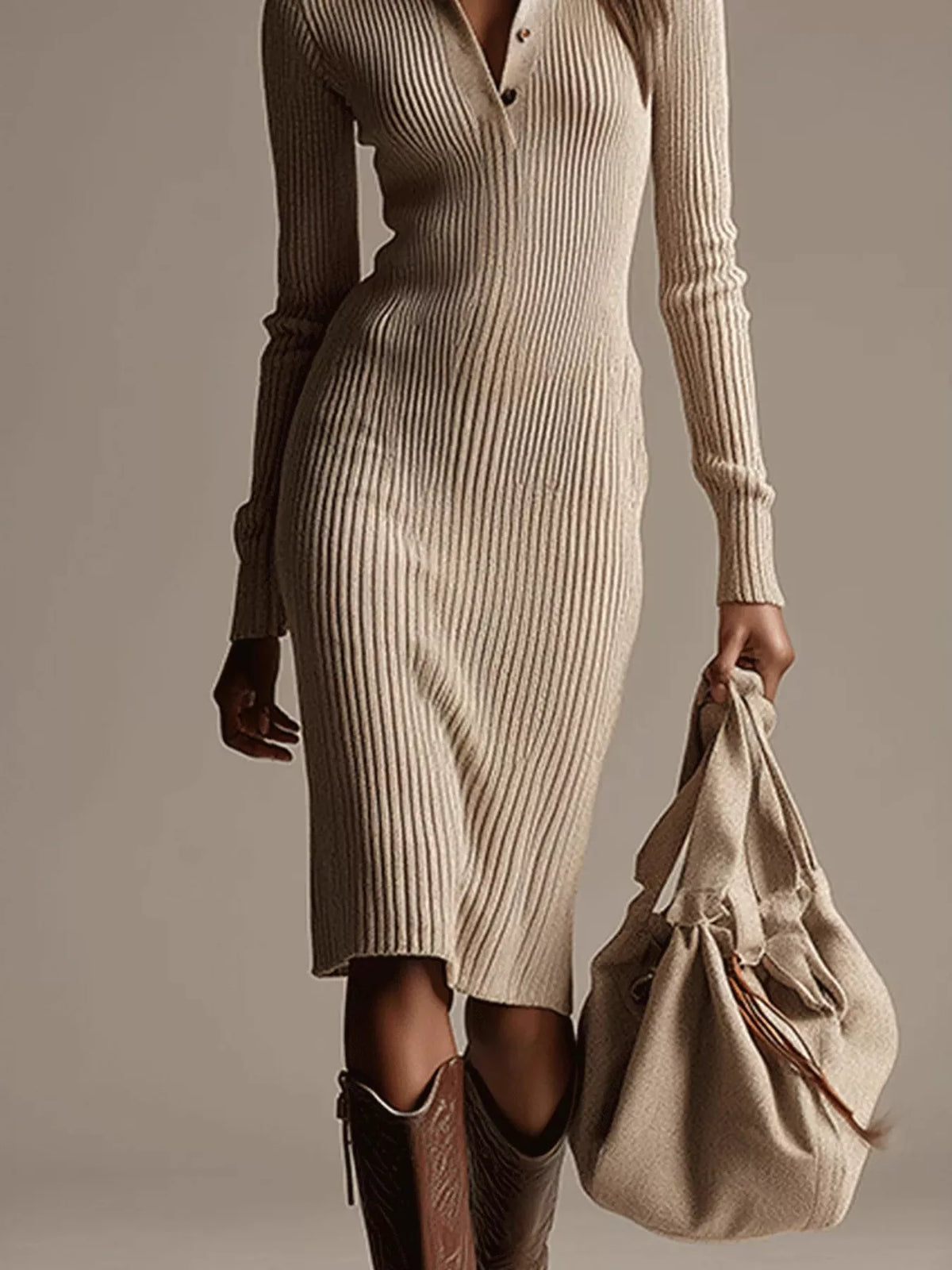 Polo Collar Ribbed Knit Dress - Khaki - View 3