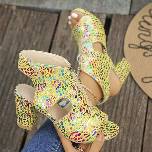 Open Toe Block Heels Sandals - Yellow - View 2