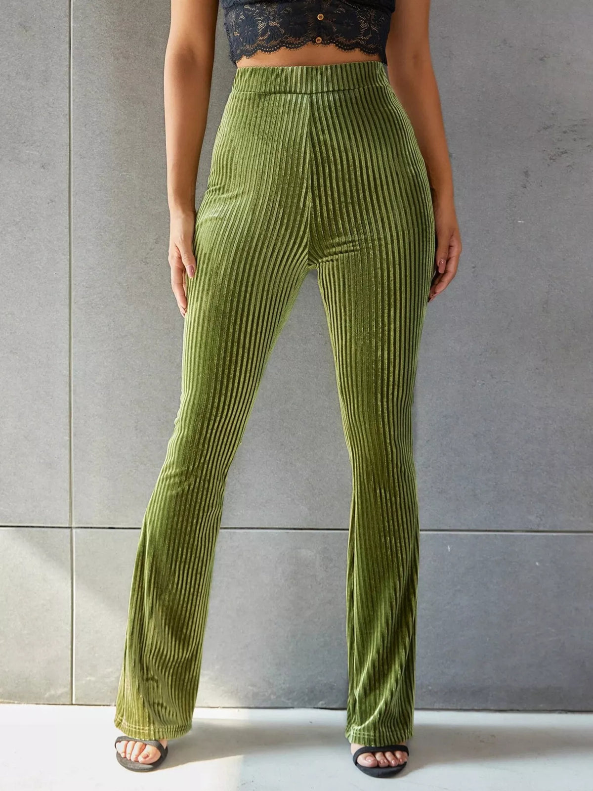 High-Waisted Ribbed Velvet Flare Pants - Matcha Green - View 1