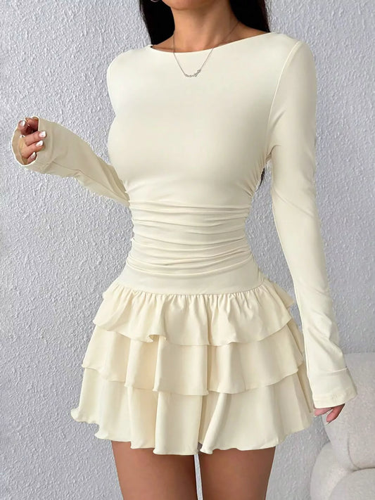 Layered Ruffle Long Sleeve Mini Dress - Apricot - View 1