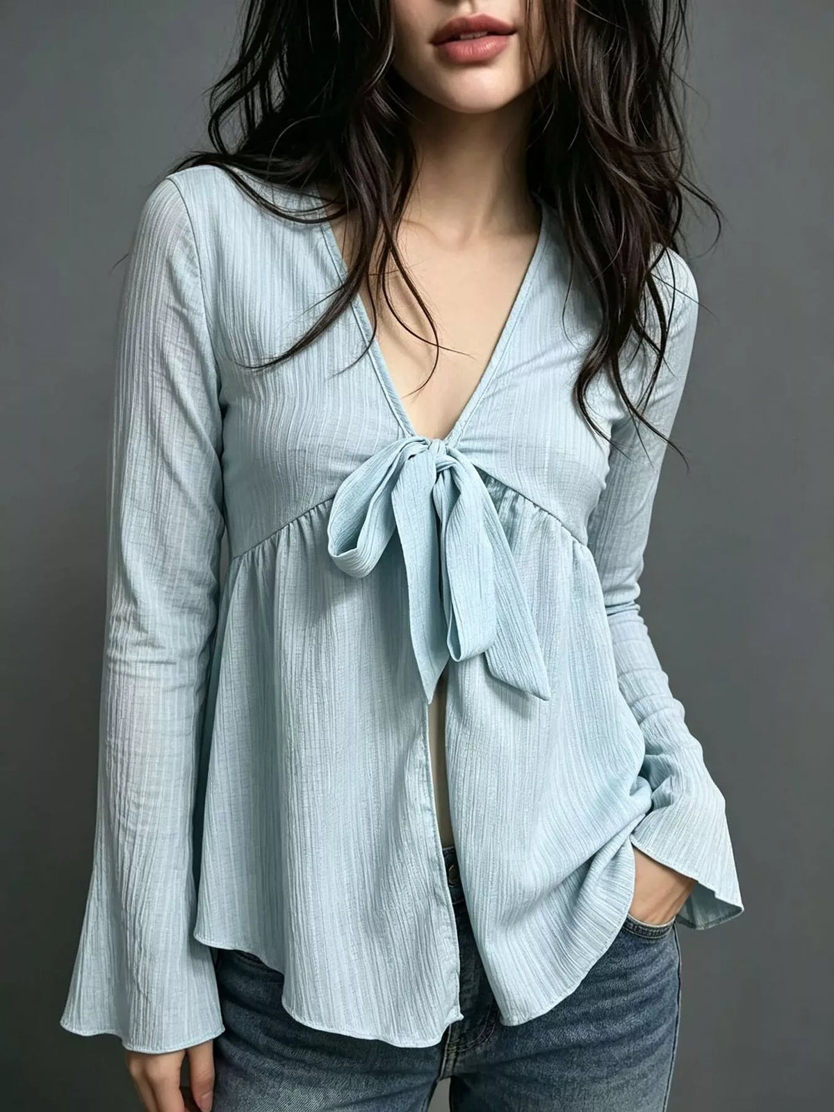 Tie-Front Flare Sleeve Blouse - Light Blue - View 2