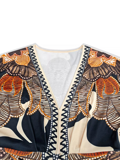 Slit Printed V-Neck Long Sleeve Dress - Multicolor - View 4