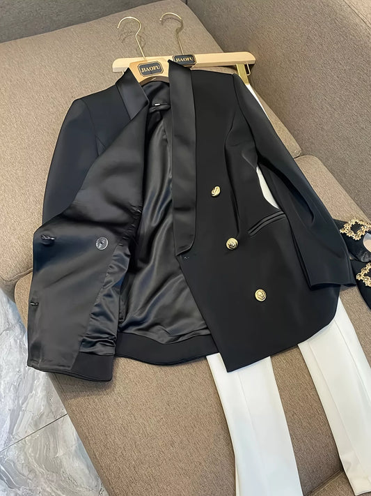 Double-Breasted Slim Fit Blazer - Black - View 2