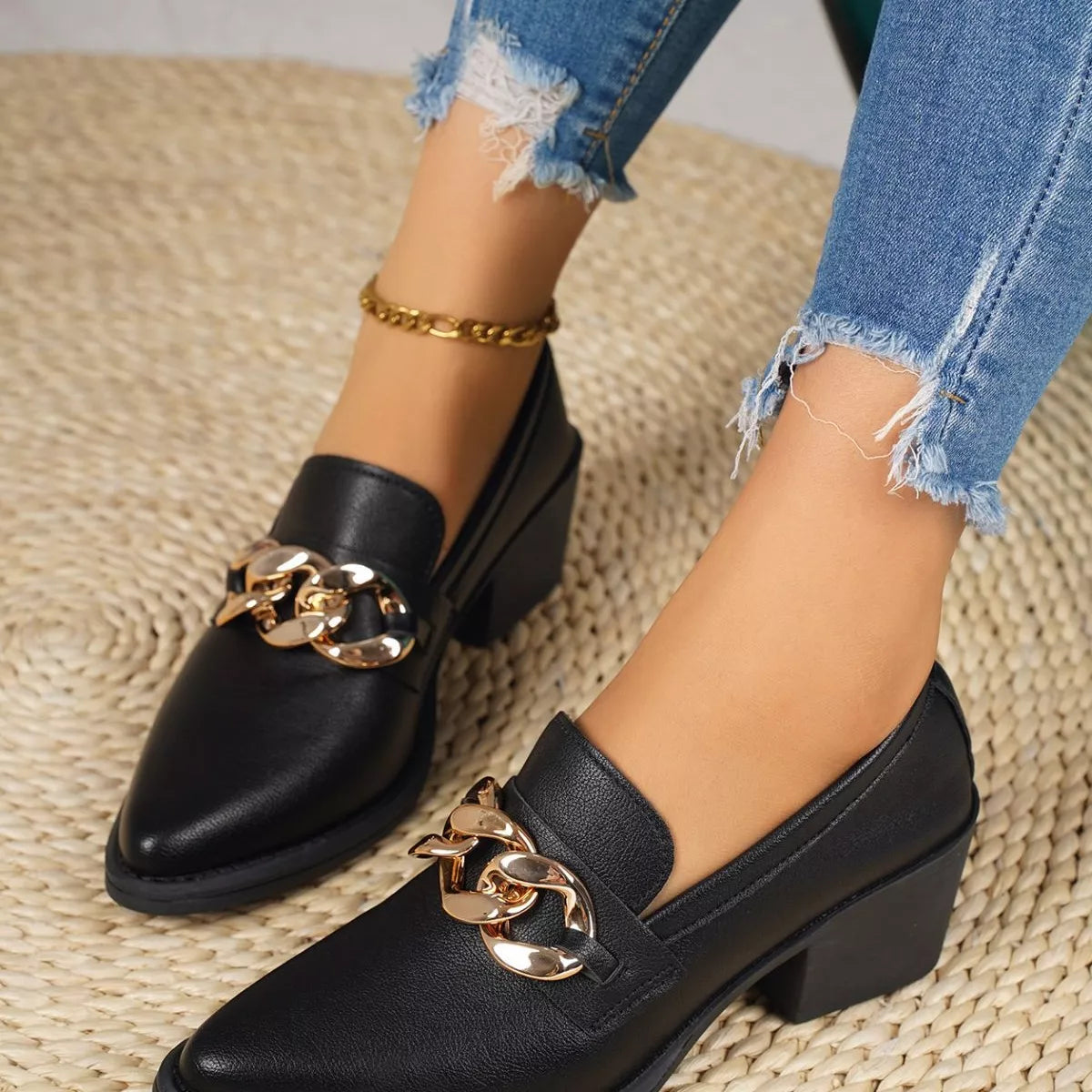 Point Toe Block Heels Loafers - F35 Black - View 5