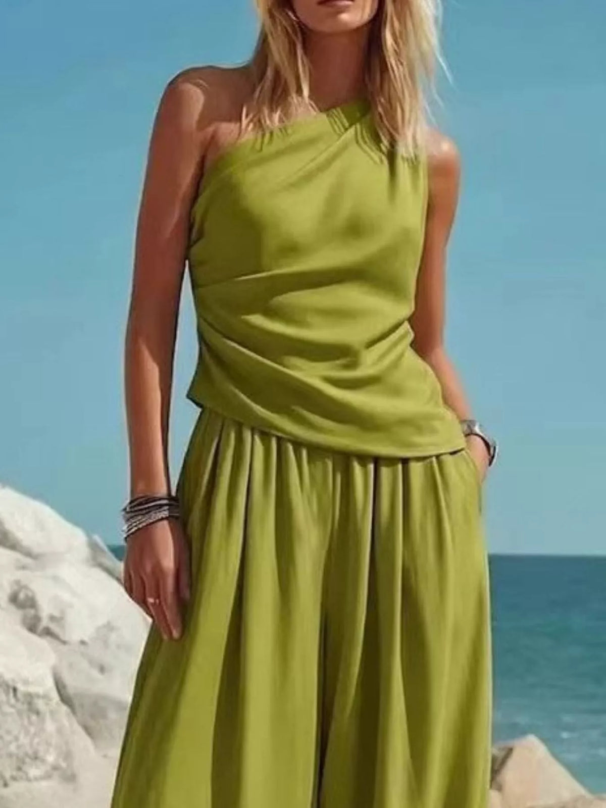 Full Size One-Shoulder Sleeveless Top and Harem Pants Set Plus Size - Green - View 2