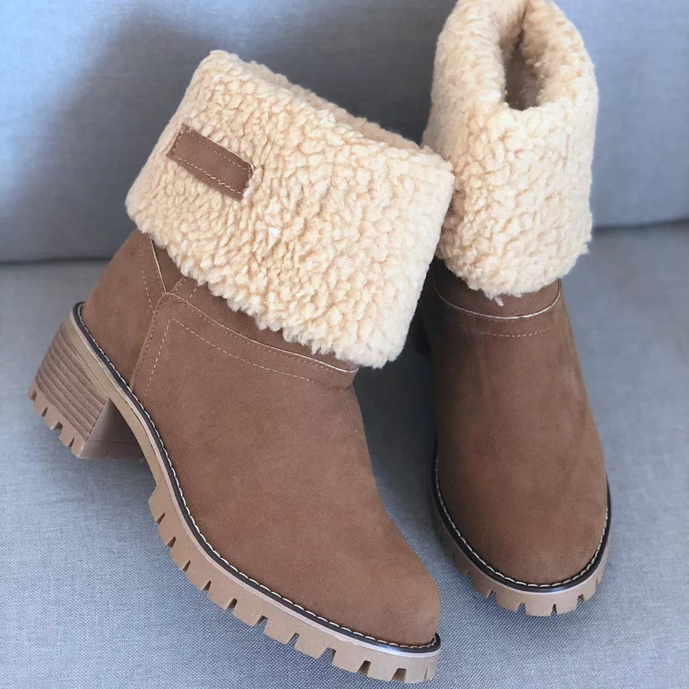 Round Toe Block Heels Boots - Khaki - View 10