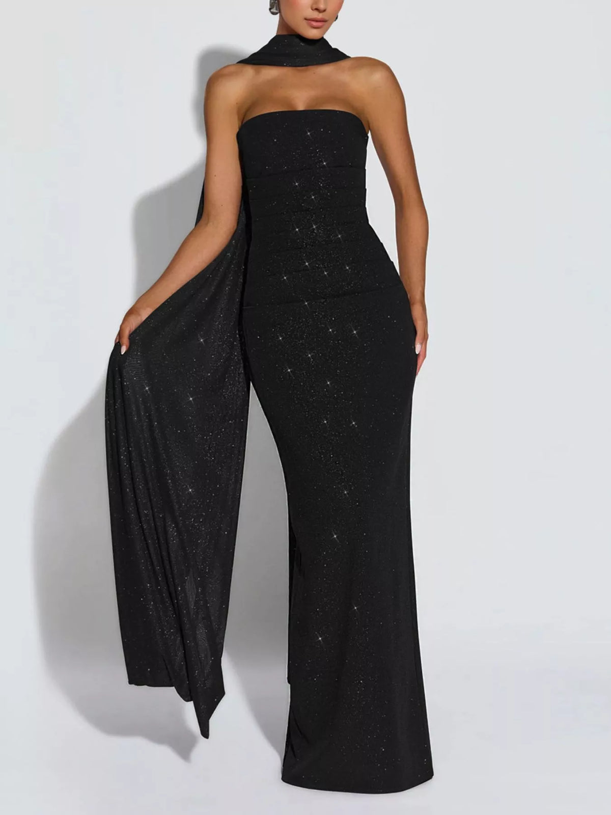 Slit Glitter Tube Maxi Dress with Scarf - Black - View 1