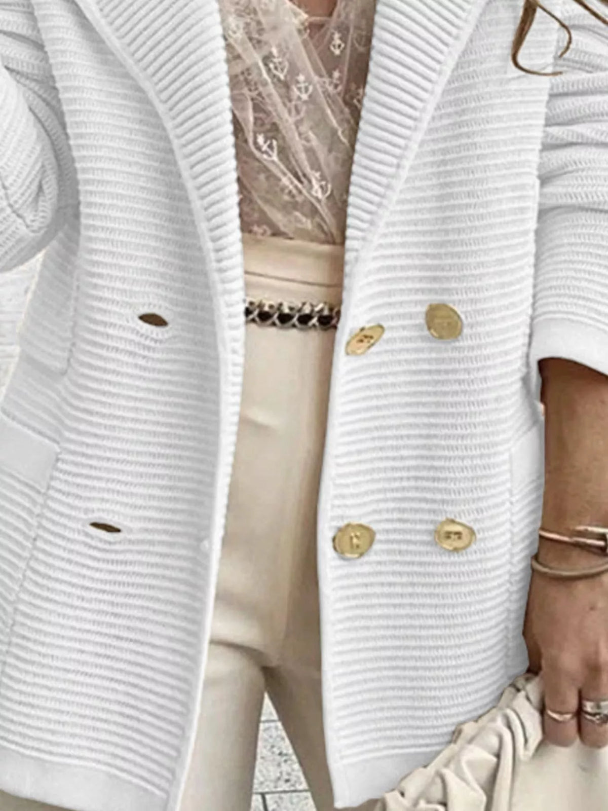 Texture Knit Double-Breasted Blazer - White - View 17