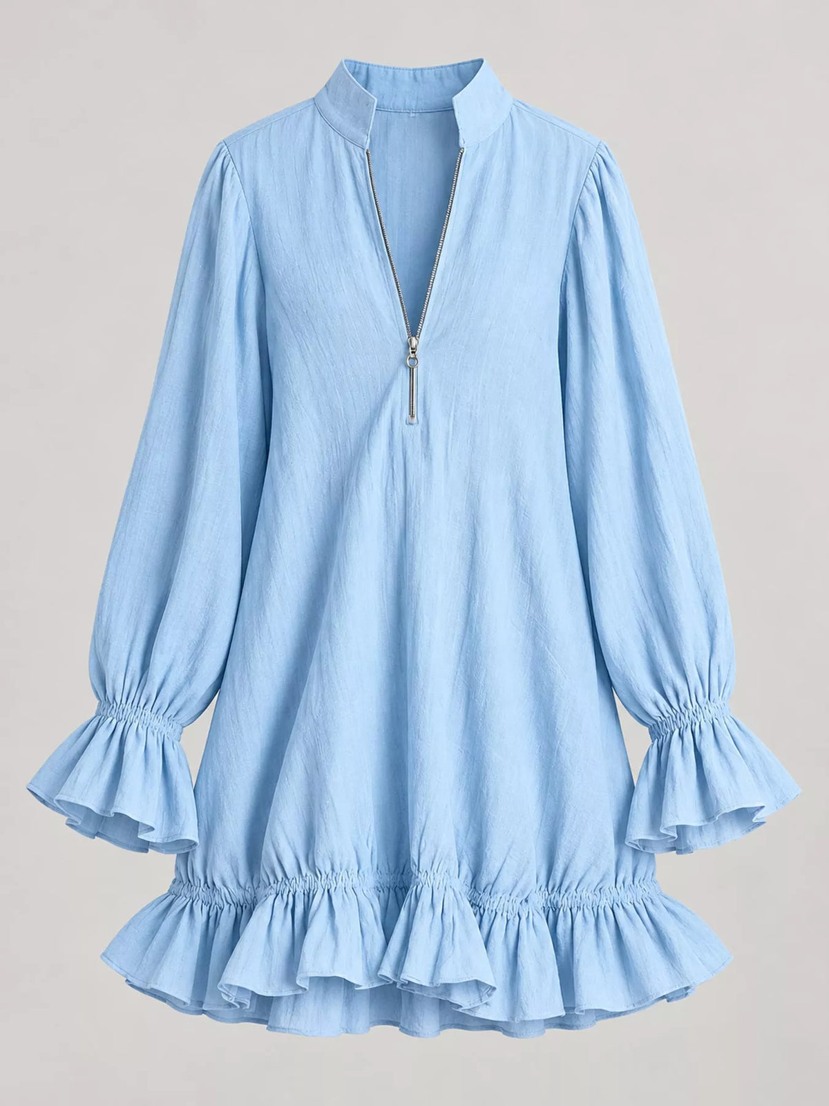 Zipper-Front Ruffle Hem Mini Dress - Sky Blue - View 34