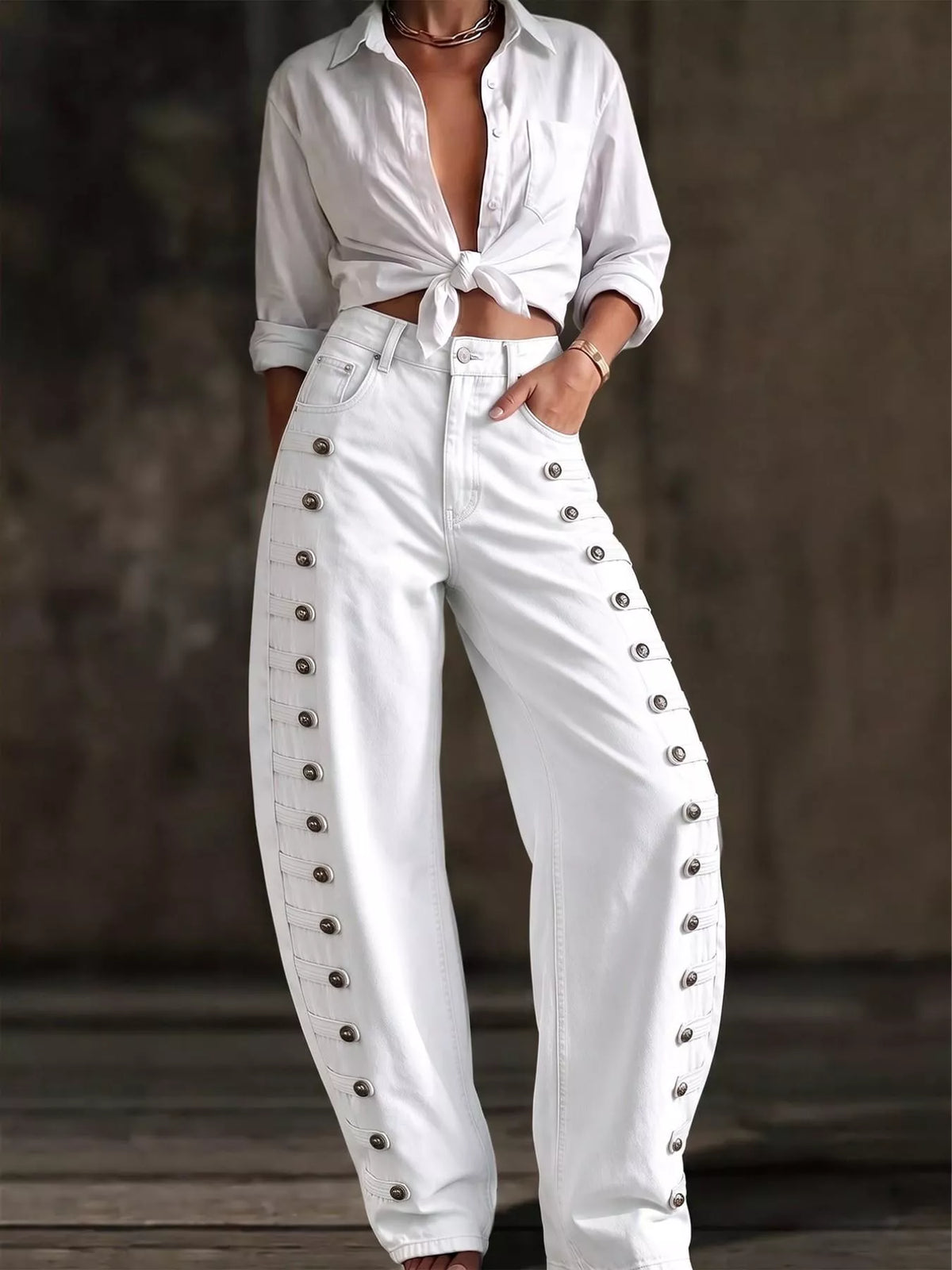Decorative Button Wide Leg Jeans - White - View 11