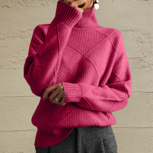 Geometric Turtleneck Long Sleeve Sweater - Hot Pink - View 1