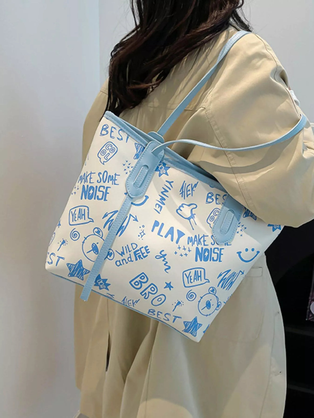 Graffiti Print Casual Tote Bag - Blue - View 17