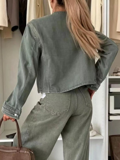 Decorative Button Cropped Denim Jacket - Army Green - View 2