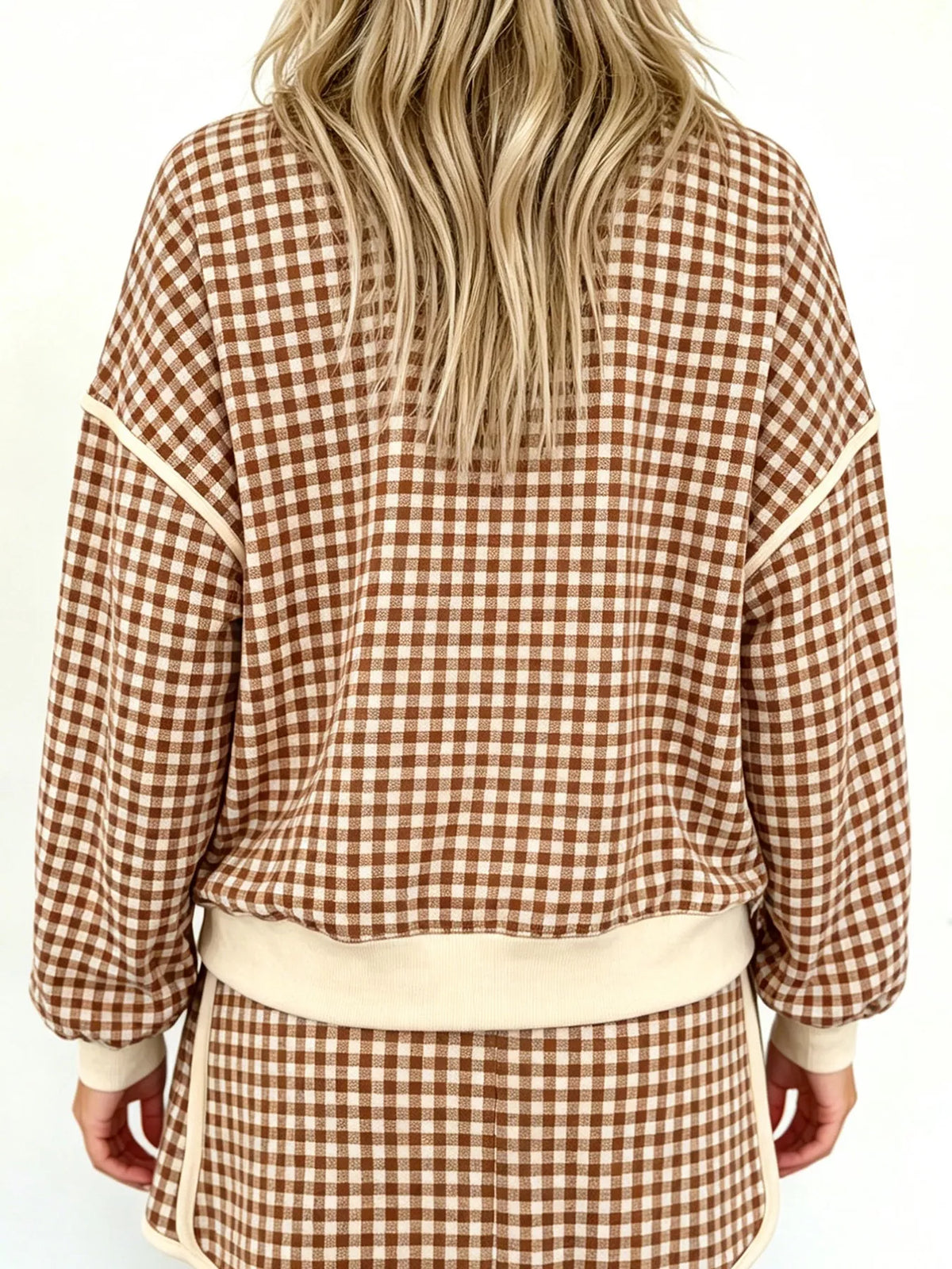 Plaid Long Sleeve Top and Shorts Set - Khaki - View 2