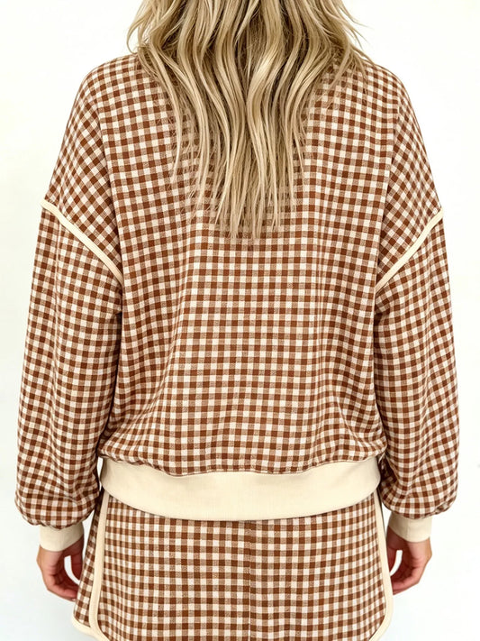 Plaid Long Sleeve Top and Shorts Set - Khaki - View 2