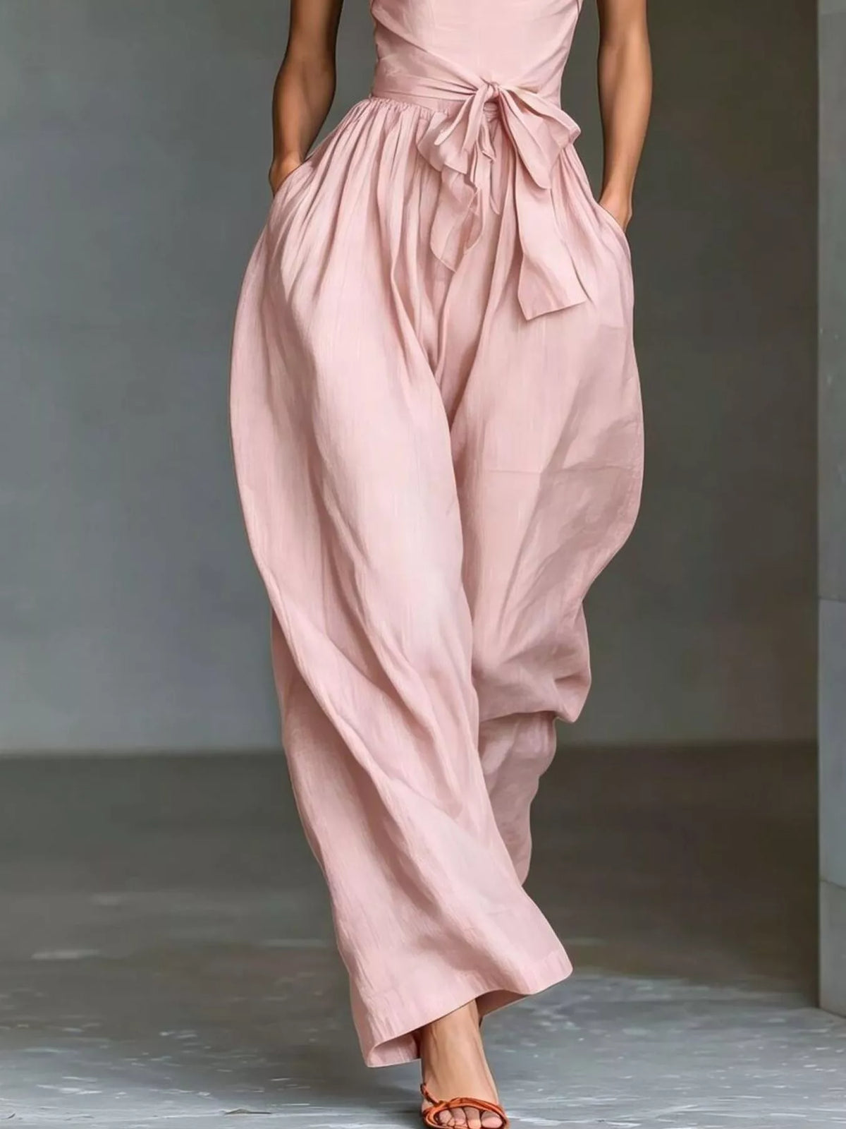 Halter Neck Wide-Leg Jumpsuit with Waist-Tie Detail - Pink - View 3