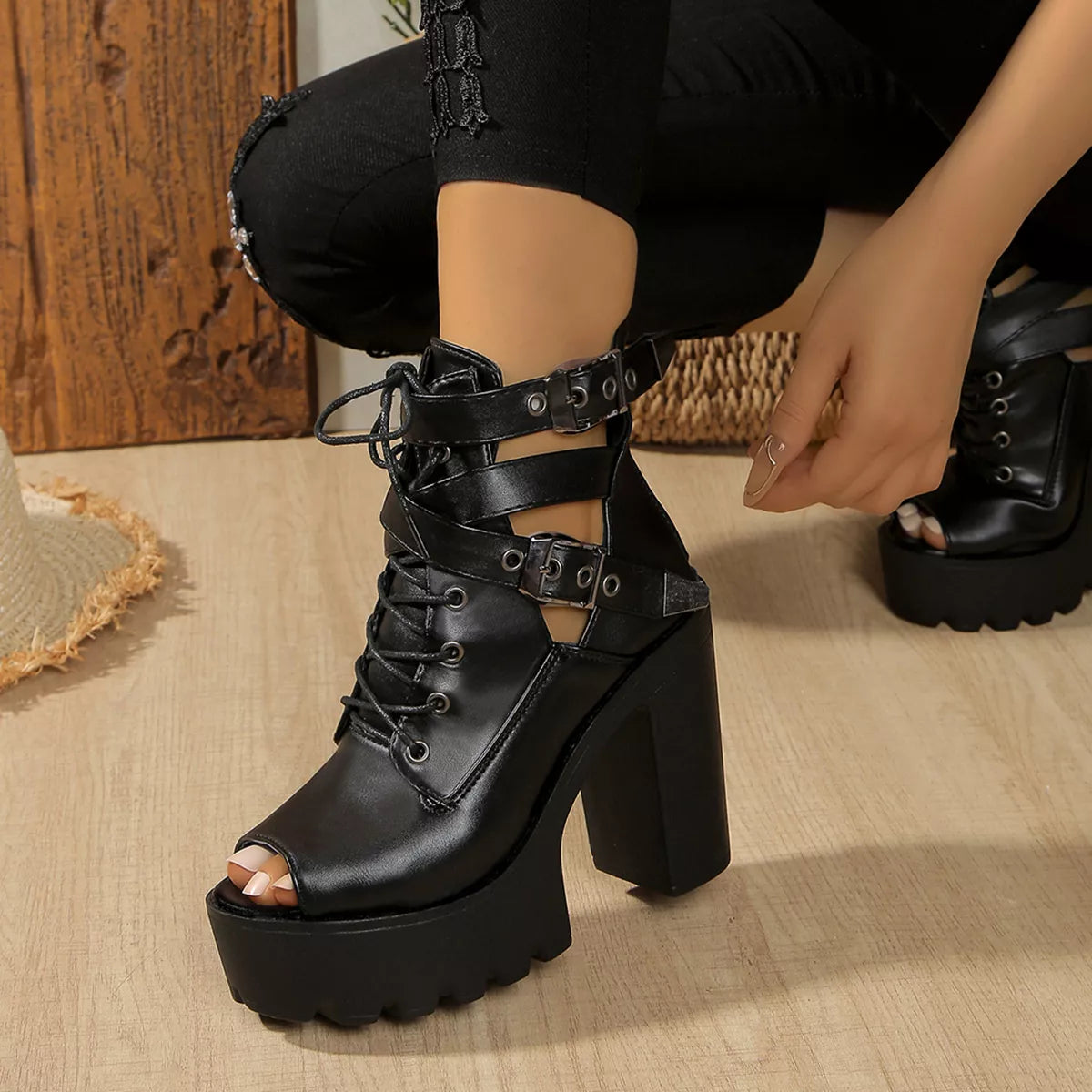 Lace Up Block Heels Sandals - Black - View 2