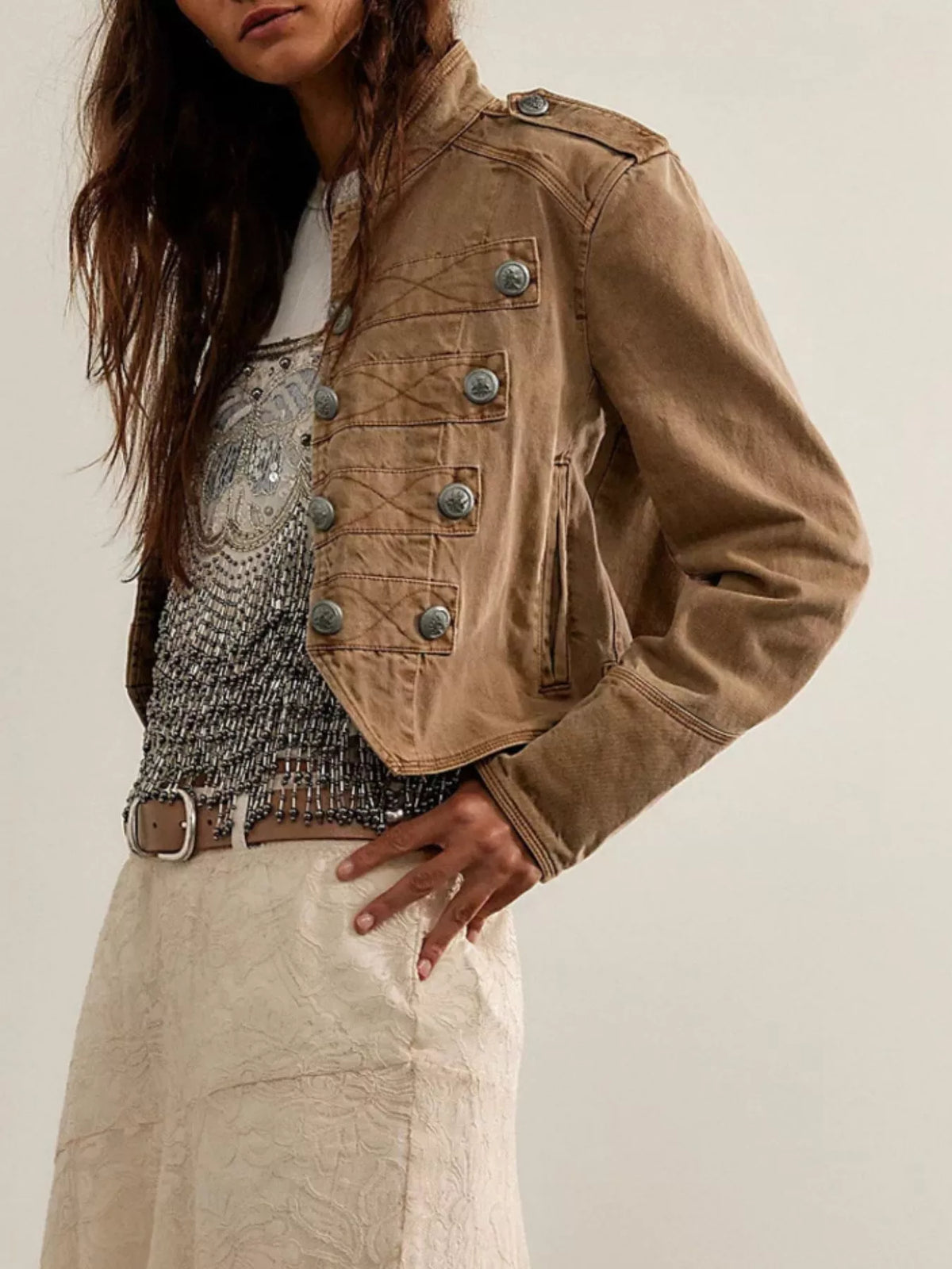 Decorative Button Cropped Jacket - Khaki Color - View 3