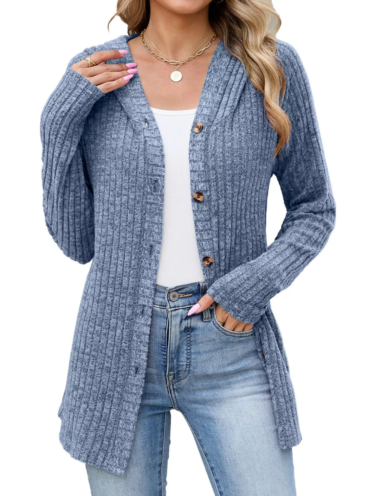 Ribbed Knit Hooded Button-Down Cardigan - Colorful Blue - View 1