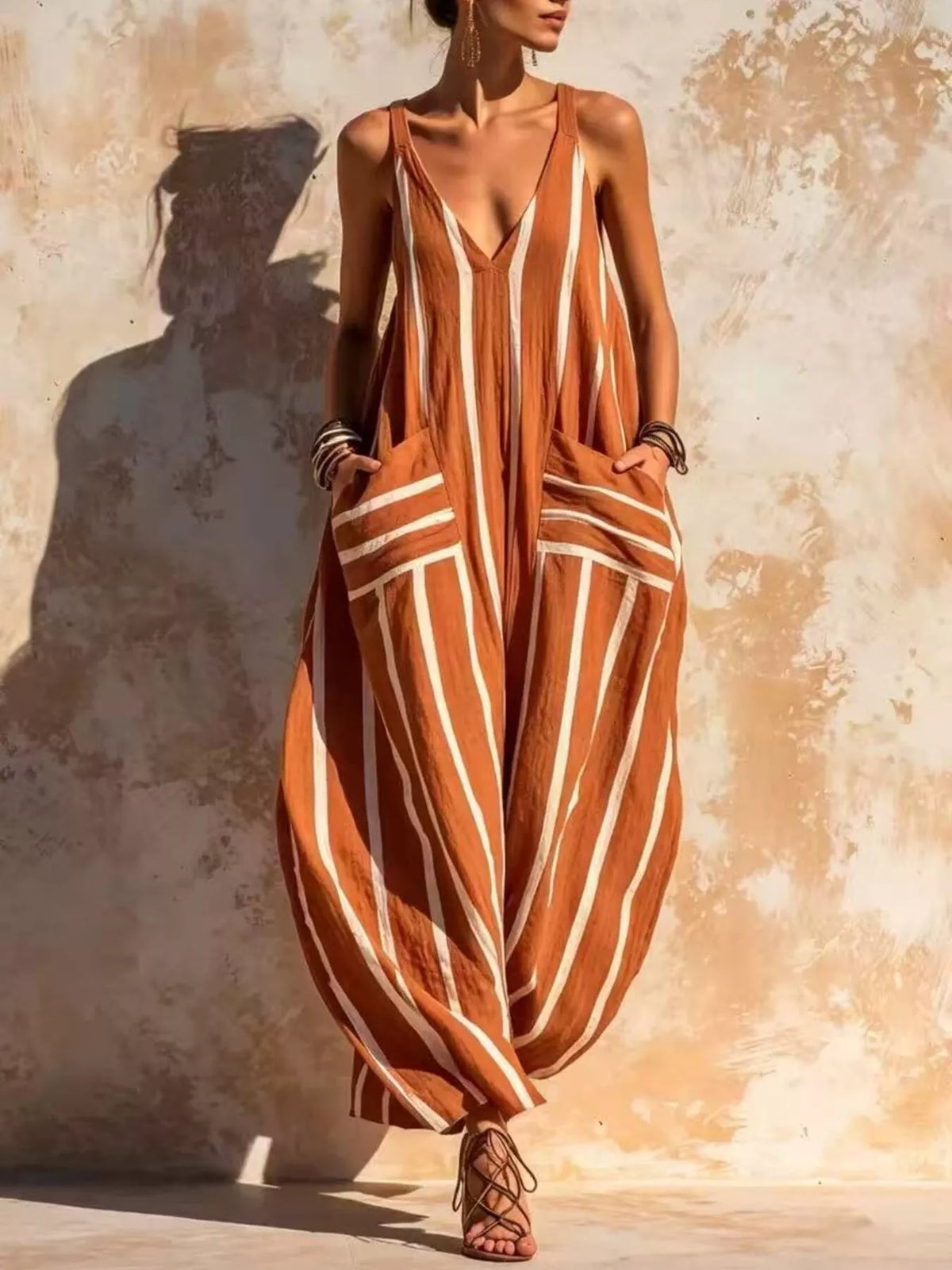 Striped V-Neck Sleeveless Wide-Leg Jumpsuit - Terracotta - View 1