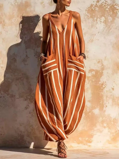 Striped V-Neck Sleeveless Wide-Leg Jumpsuit - Terracotta - View 1
