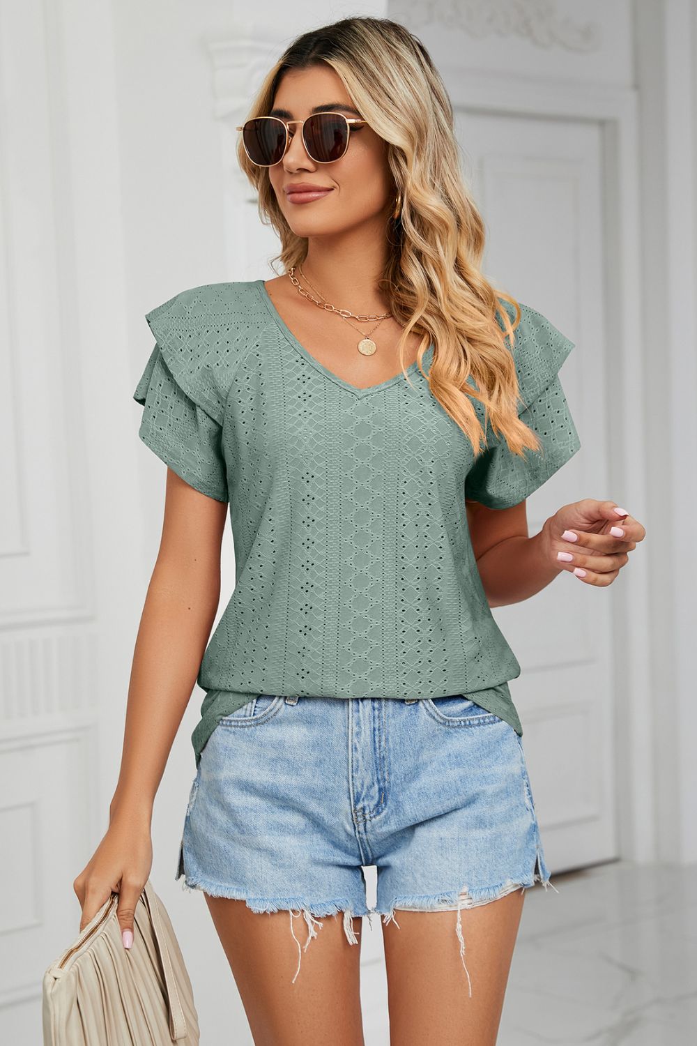 Eyelet Layered Flutter Sleeve V-Neck Knit Top - Teal - View 8
