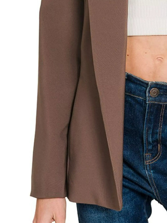 Zenana Woven Long Sleeve Blazer With Lining - BROWN - View 2