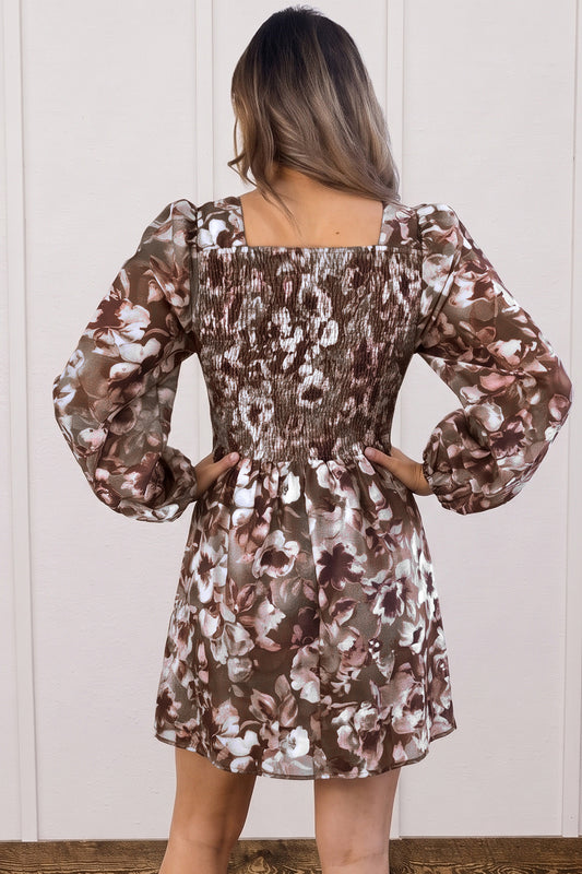 Brown Abstract Floral Print Square Neck Long Sleeve Mini Shift Dress - Brown - 2