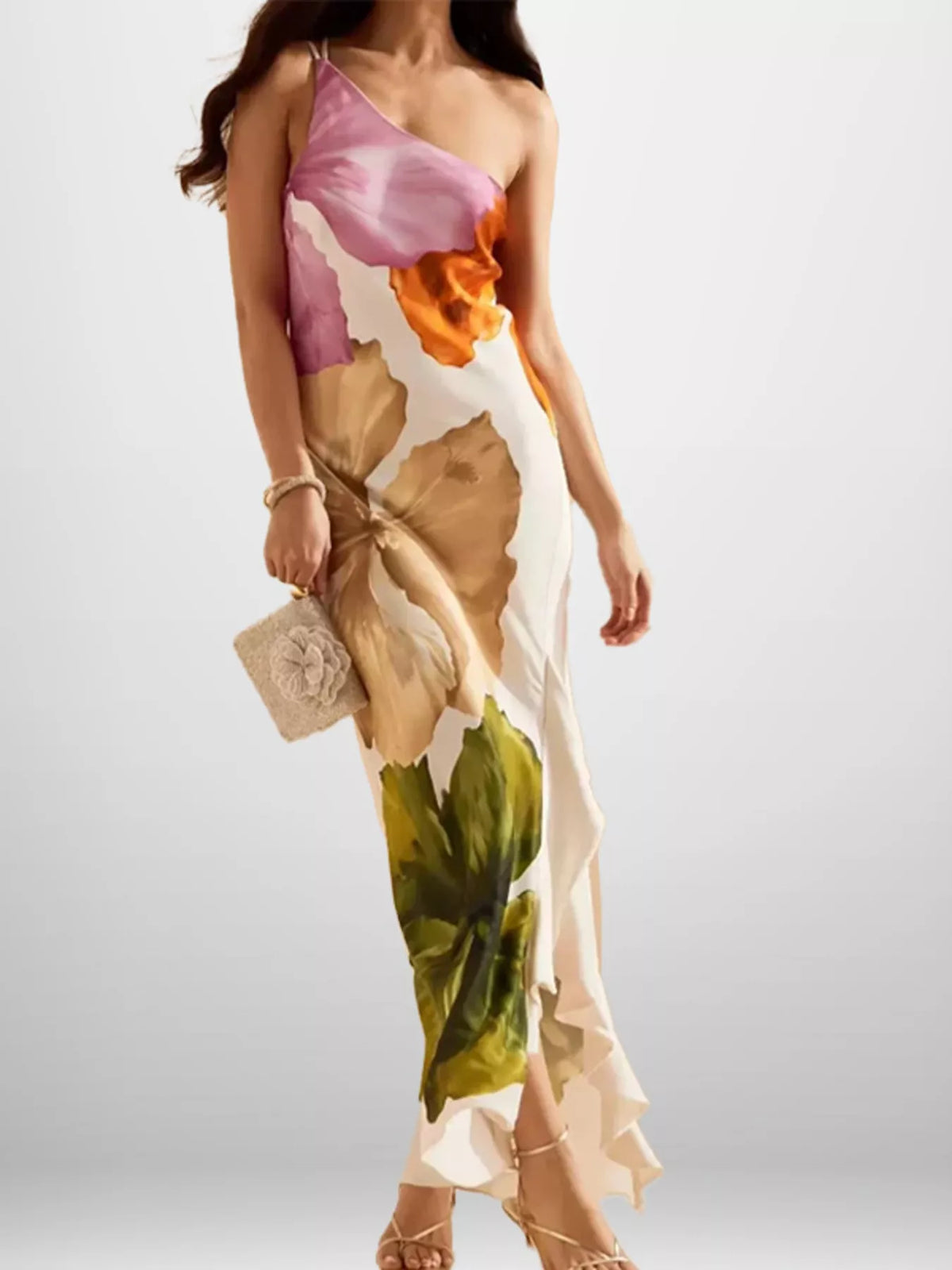 Full Size One-Shoulder Floral Print Satin Maxi Dress Plus Size - Tan - View 1