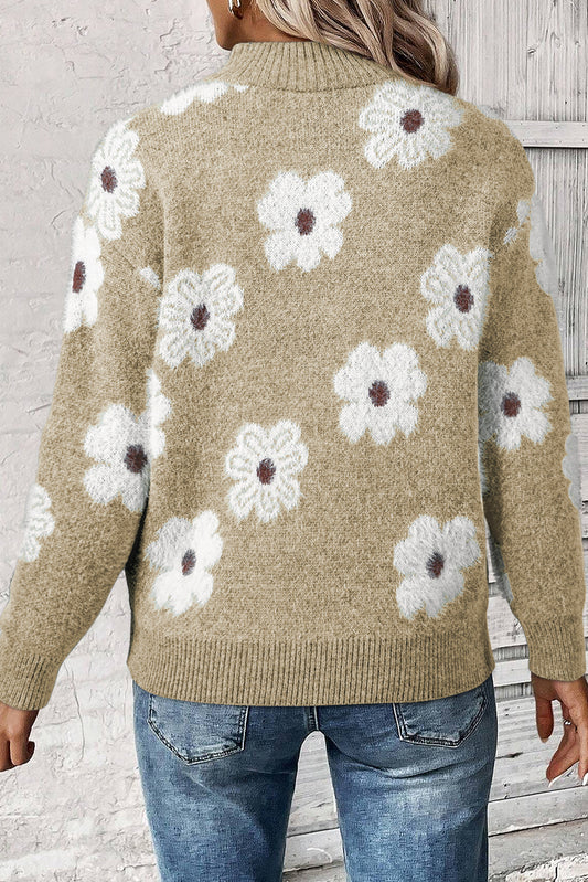 Khaki Floral Pattern Half Zip Drop Shoulder Sweater - Khaki - 2