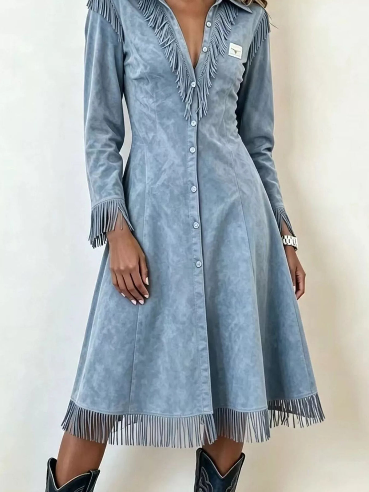 Full Size Fringed Button-Down Outerwear Plus Size - Light Blue - View 2