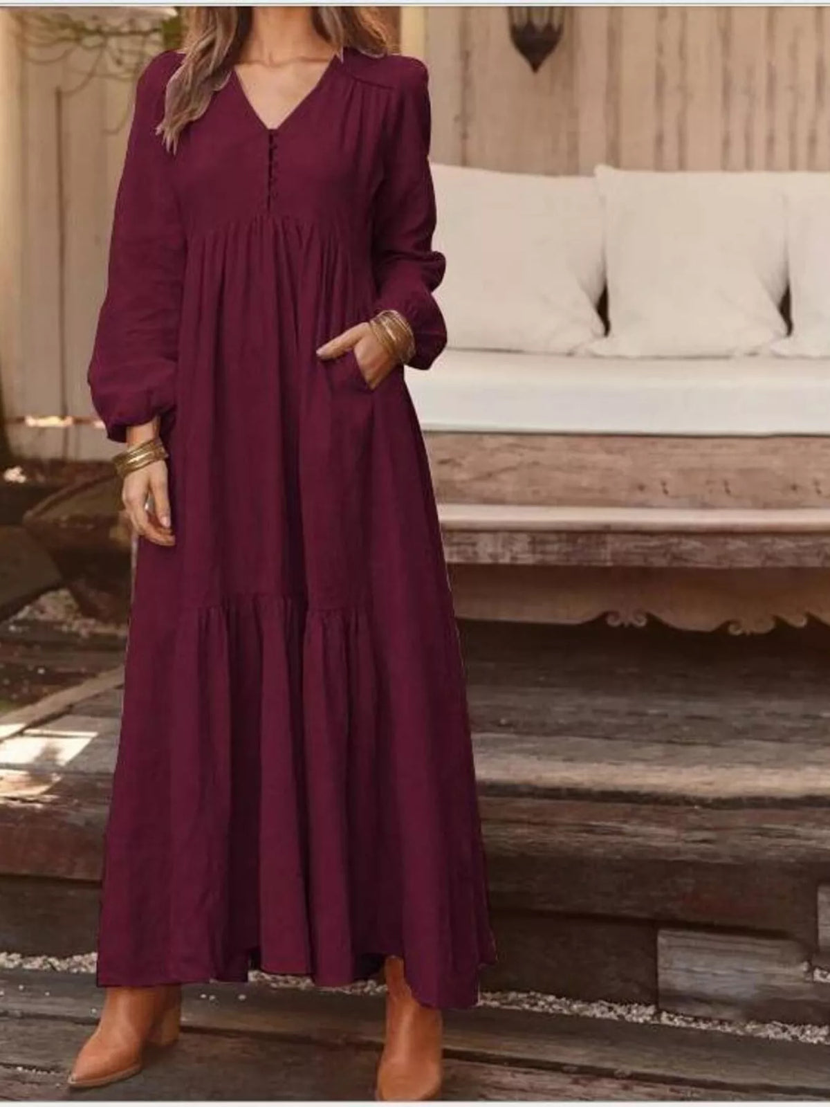 Full Size V-Neck Long Sleeve Tiered Maxi Dress with Pockets Plus Size - Burgundy - View 2