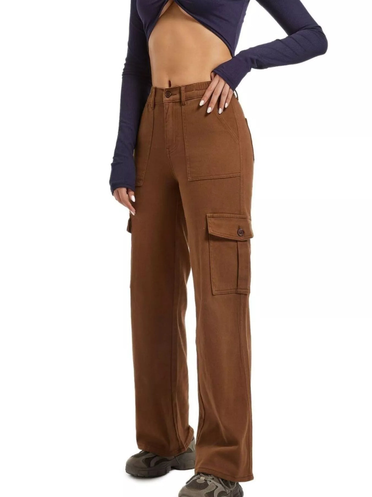 High-Waisted Cargo Jeans - Brown - View 1