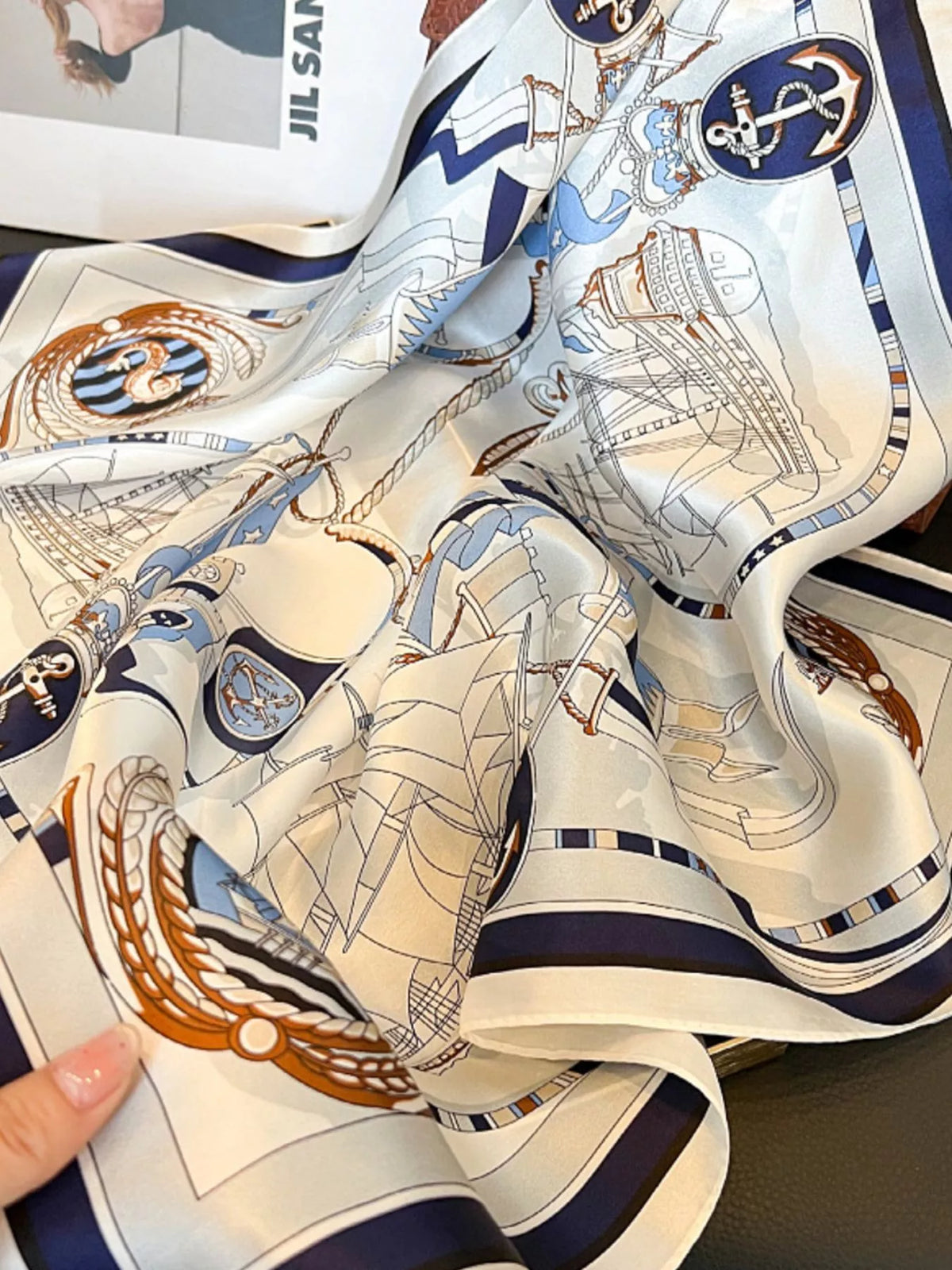 Nautical Print Silk Square Scarf - Ivory - View 5