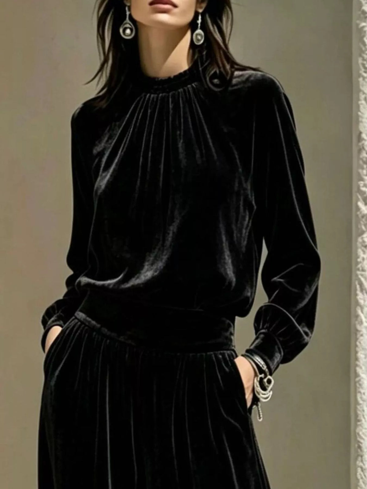 Velvet Mock Neck Long Sleeve Top and Wide-Leg Pants Set - Black - View 2