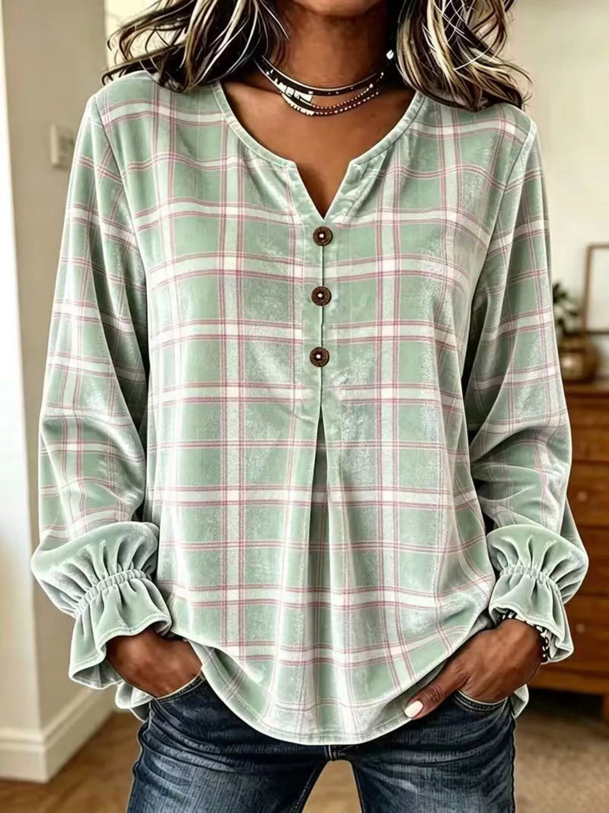 Full Size Plaid Velvet Flounce Sleeve Blouse Plus Size - Sage - View 1