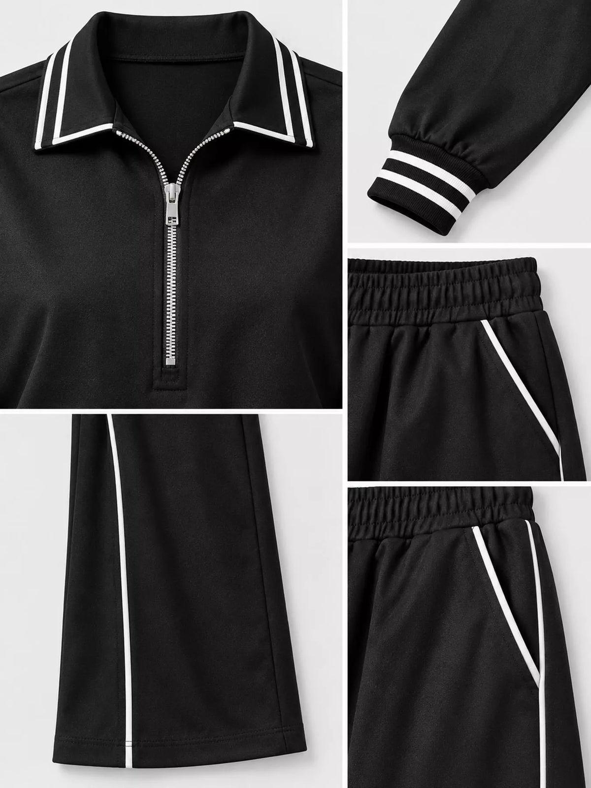 Striped Half Zip Top and Pants Set - Black - View 10