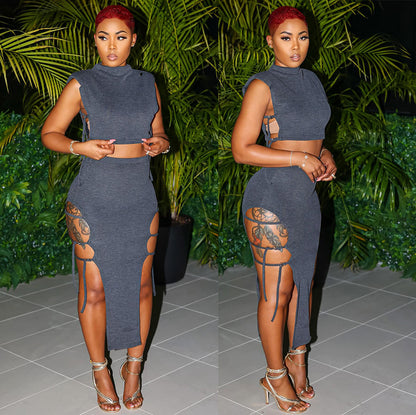 Women's Dress Set Fashion Sexy Tie-Front Crop Top with Bodycon Slit Skirt