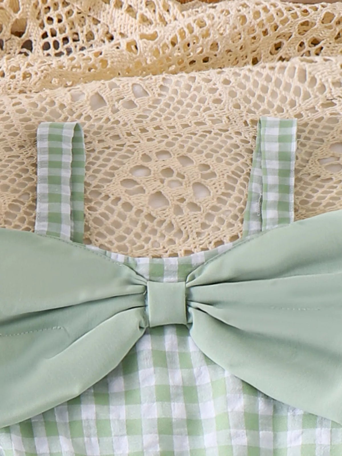Children's Bow Plaid Wide Strap Jumpsuit - Green - View 8