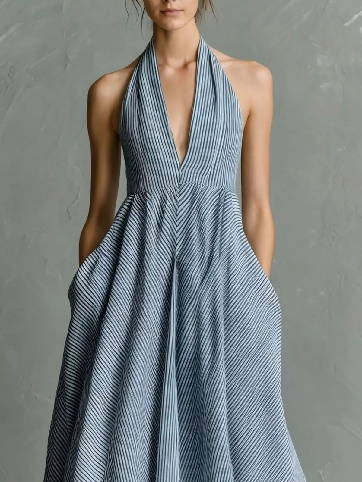 Full Size Striped Halter Neck Maxi Dress with Pockets Plus Size - Light Blue - View 1