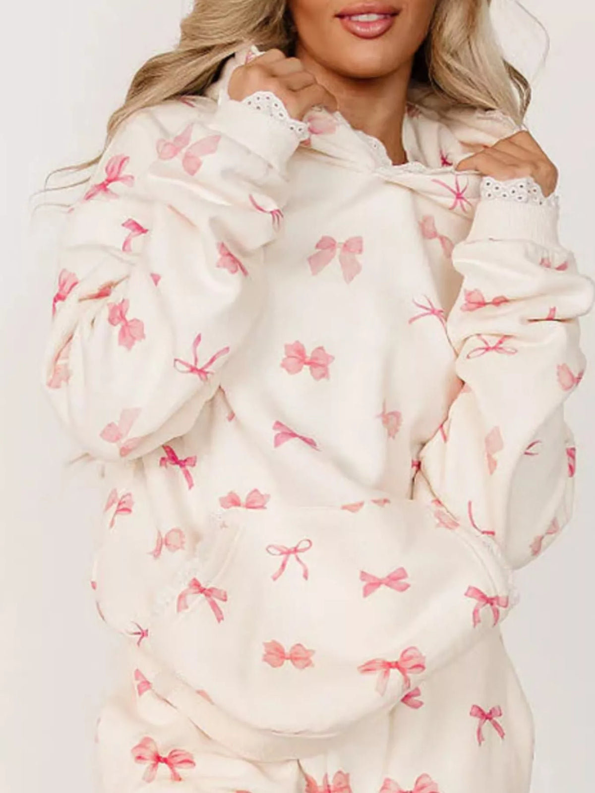 Lace Trim Kangaroo Pocket Hoodie - Bow - View 6