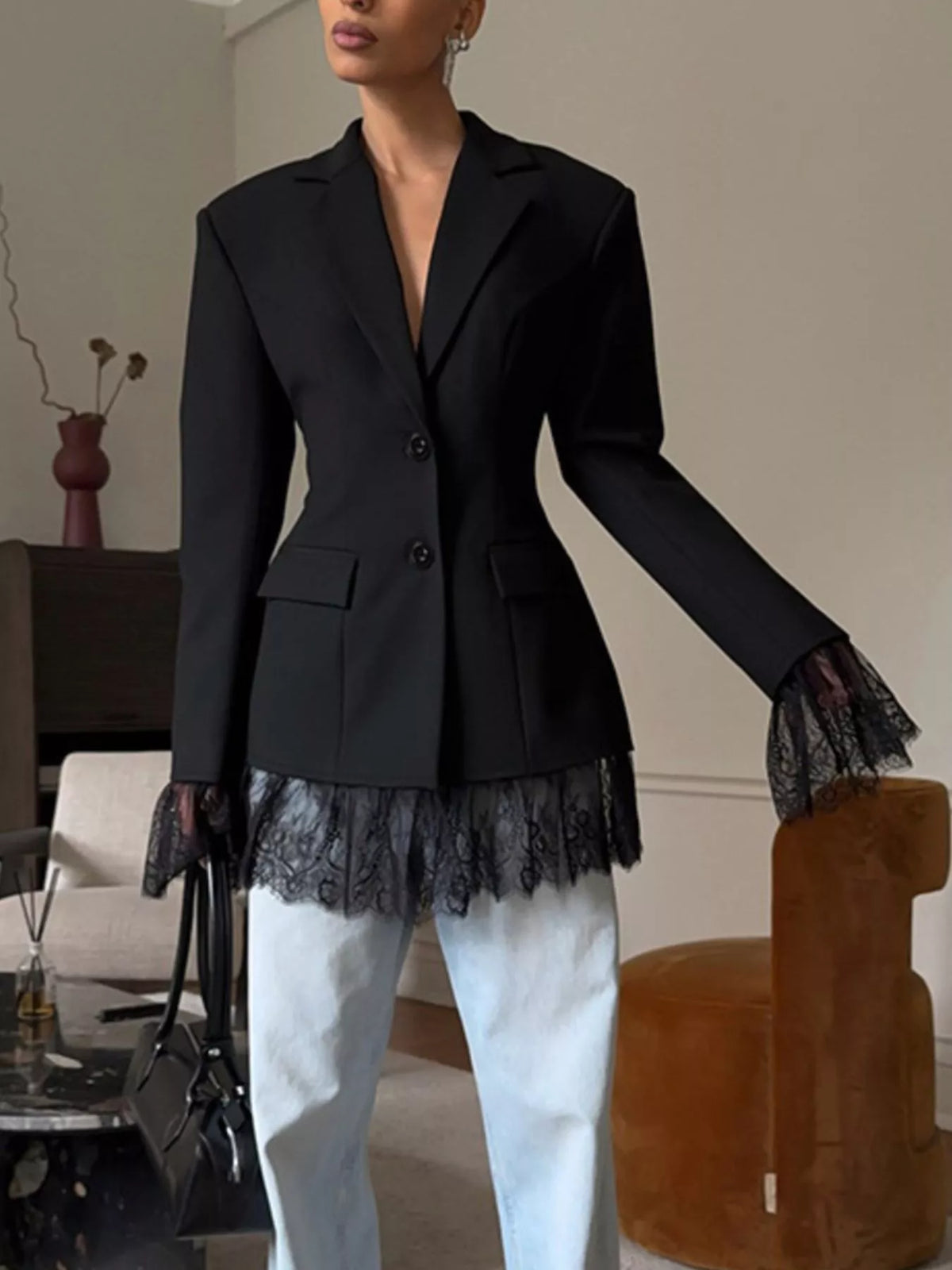 Lace Hem Lapel Collar Blazer - Black - View 9