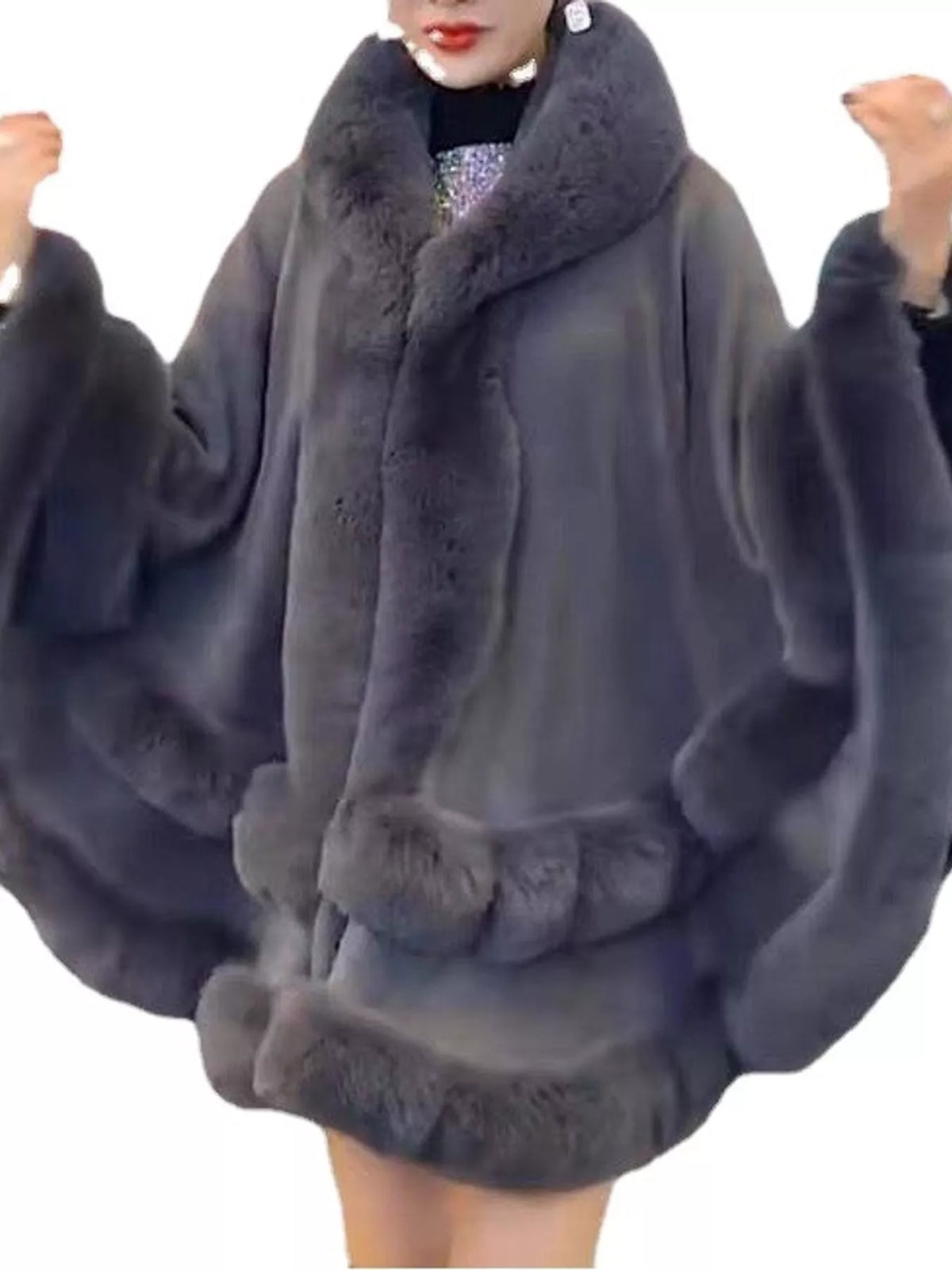 Faux Fur Trimmed Hooded Cape - Dark Gray - View 7