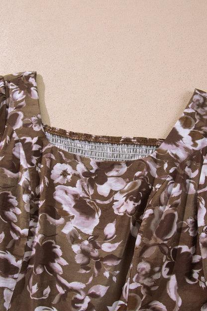 Brown Abstract Floral Print Square Neck Long Sleeve Mini Shift Dress