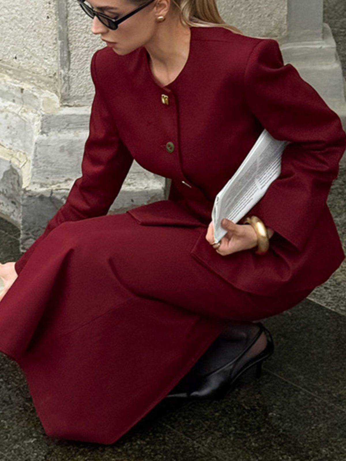 Button Up Peplum Blazer & Skirt Set - Burgundy - View 6