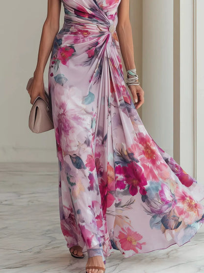 Floral Print Ruched Short Sleeve Maxi Dress - Moonlit Mauve - View 2