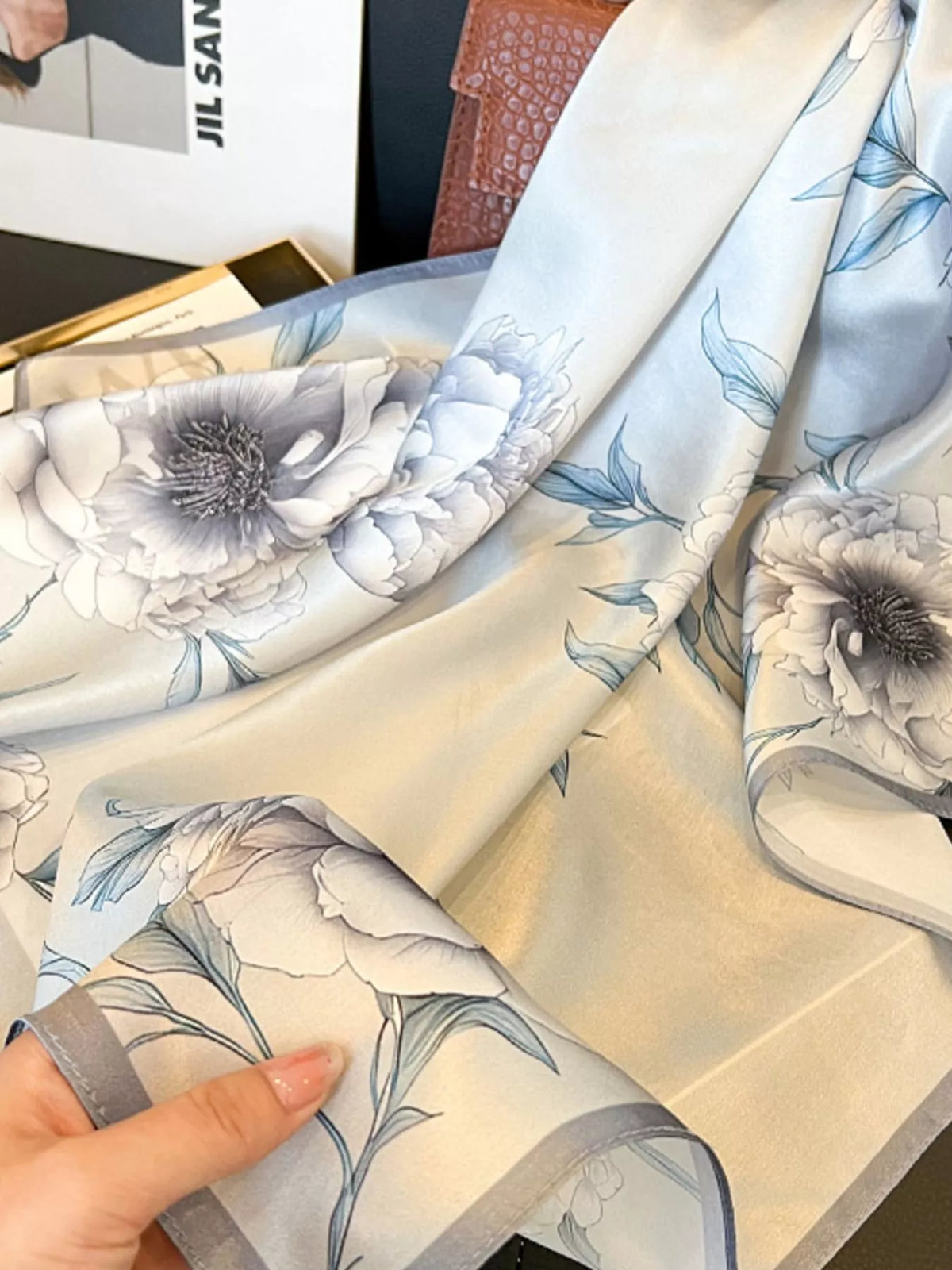 Floral Print Silk Square Scarf - Light Gray - View 4