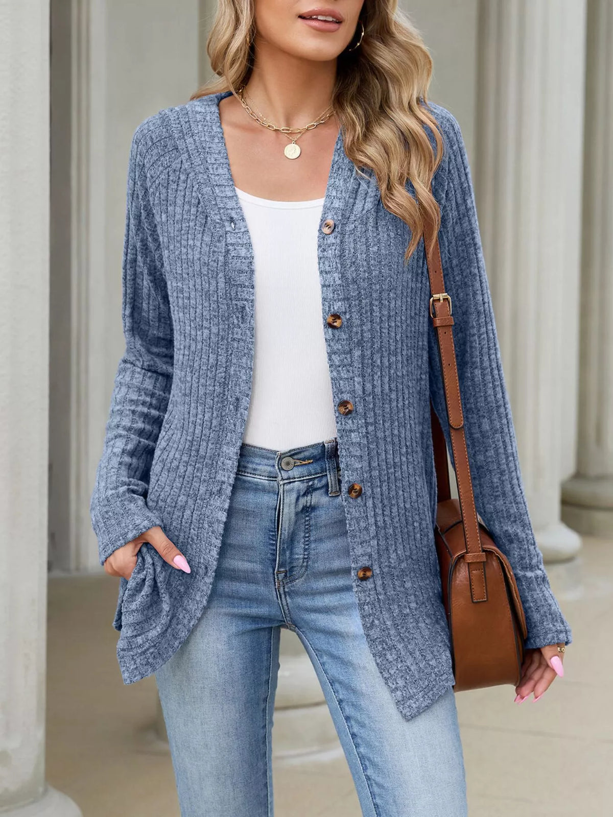 Ribbed Knit Hooded Button-Down Cardigan - Colorful Blue - View 2