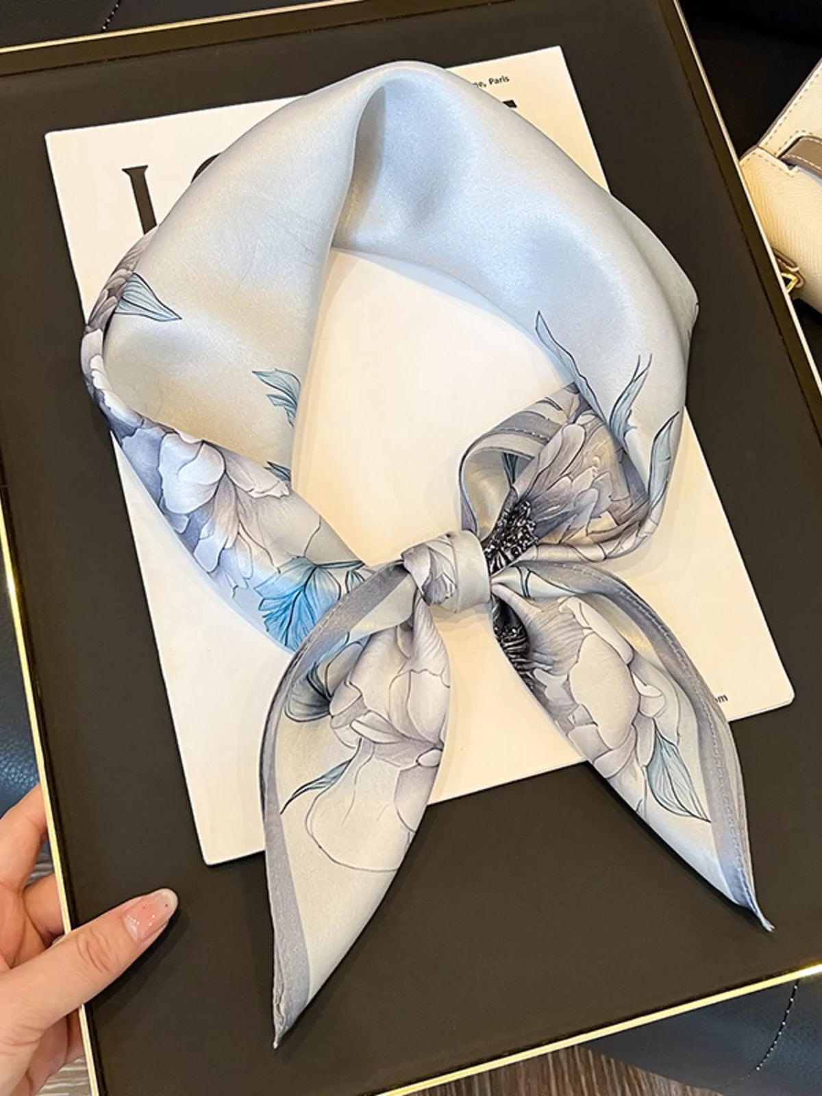Floral Print Silk Square Scarf - Light Gray - View 1