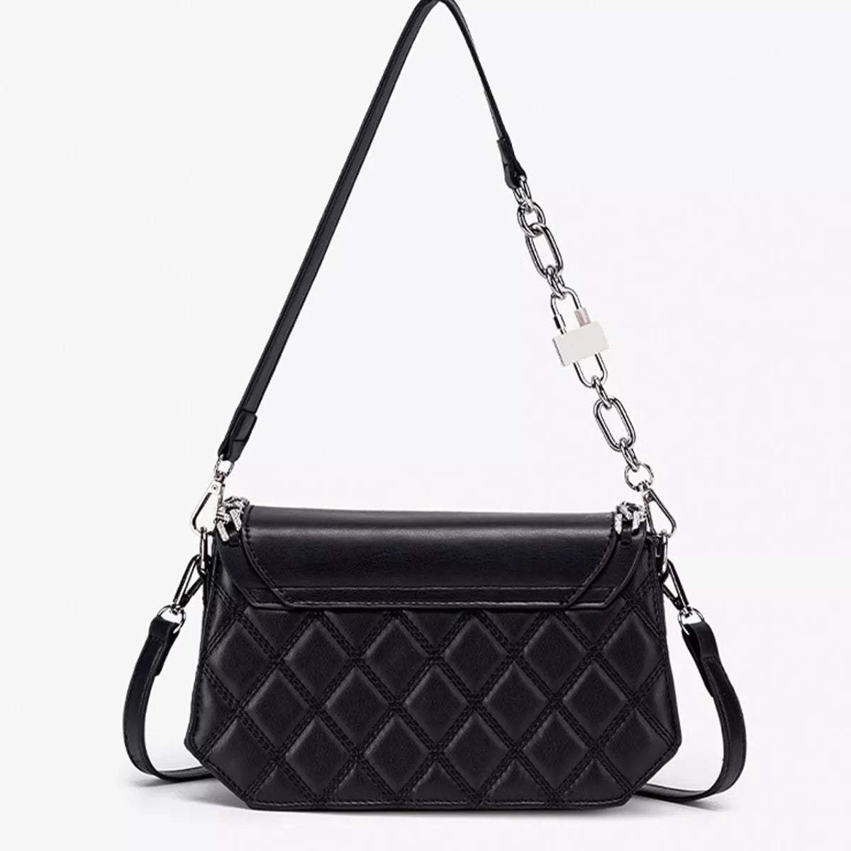 Quilted PU Leather Crossbody Bag with Rhinestone Decor - Black - View 4